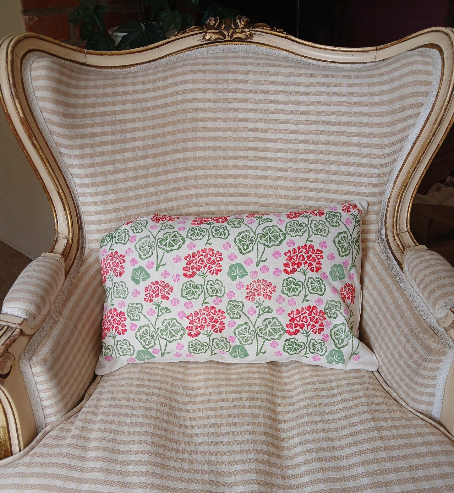 Geraniums Style 2 in red, green & pink cushion cover