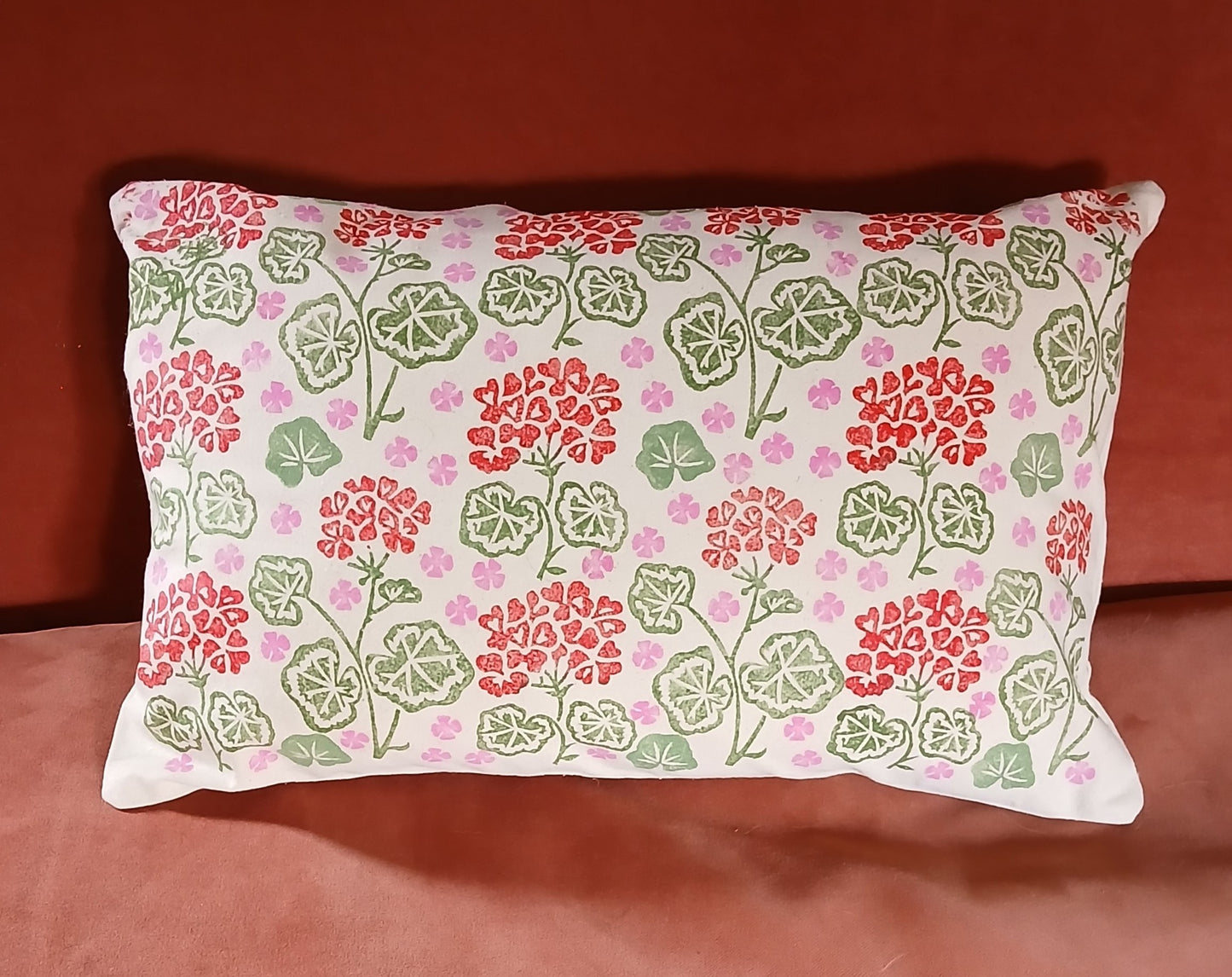 Geraniums Style 2 in red, green & pink cushion cover