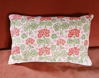 Geraniums Style 2 in red, green & pink cushion cover