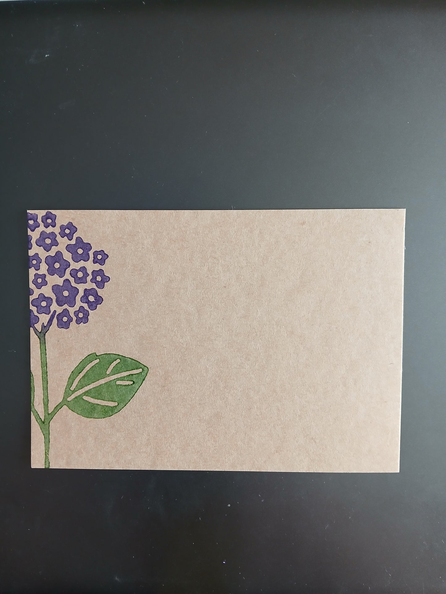 Hydrangea in Purple & Green on brown notelet