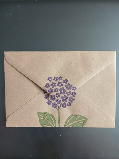 Hydrangea in Purple & Green on brown notelet