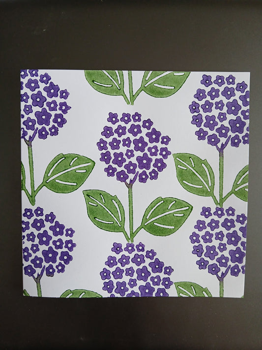 Hydrangeas in Purple & Green on white card