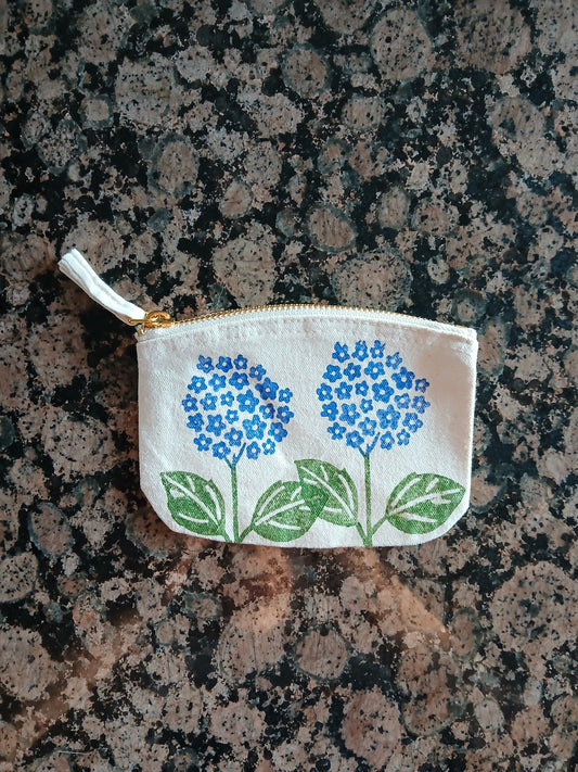 Hydrangeas in Blue & Green on natural cotton purse