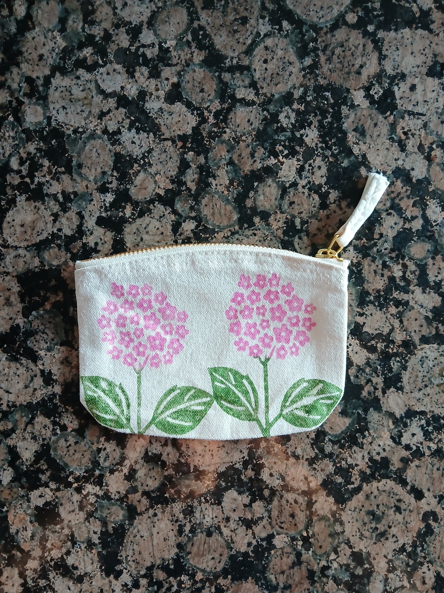 Hydrangeas in Pink & Green on natural cotton purse