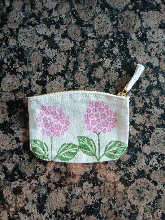 Hydrangeas in Pink & Green on natural cotton purse