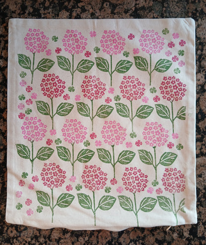 Hydrangeas Style 2 in Raspberry, Pink & Green cushion cover