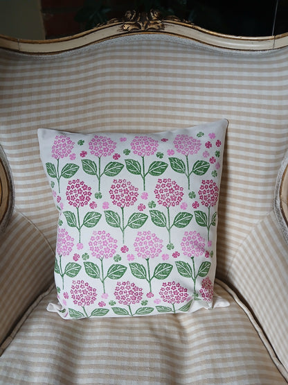 Hydrangeas Style 2 in Raspberry, Pink & Green cushion cover