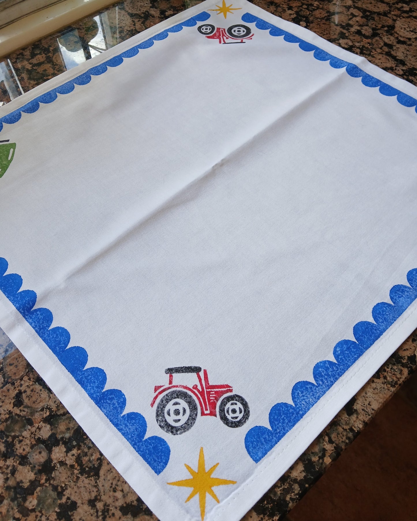 Landrover & Tractors on white cotton napkin
