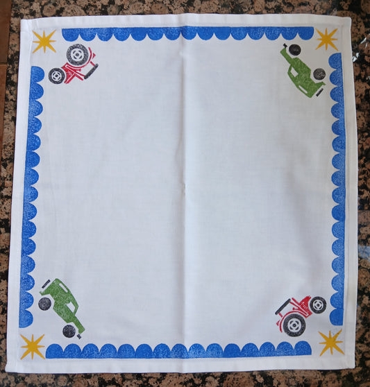 Landrover & Tractors on white cotton napkin