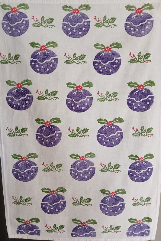 Christmas Pudding & Holly in Purple, Red & Green on cotton teatowel