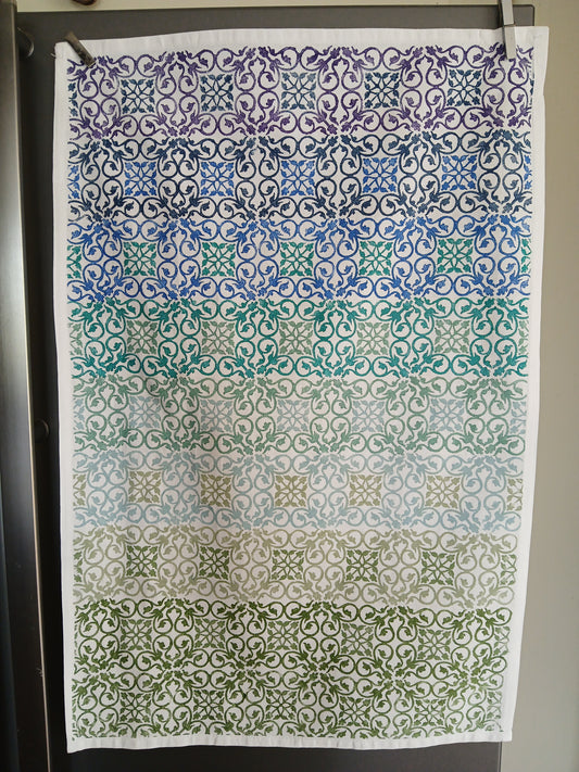 Patterned Tile in multi-colours on cotton teatowel