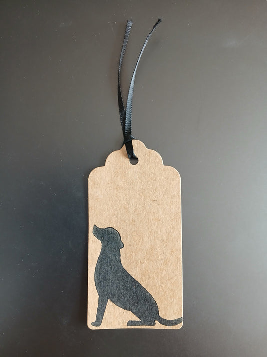 Labrador in Black on oblong brown gift tag with ribbon