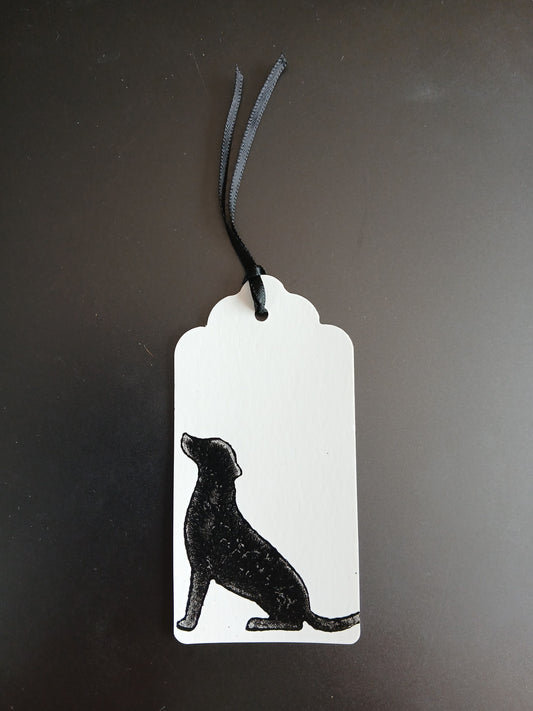 Labrador in Black on oblong white gift tag with ribbon