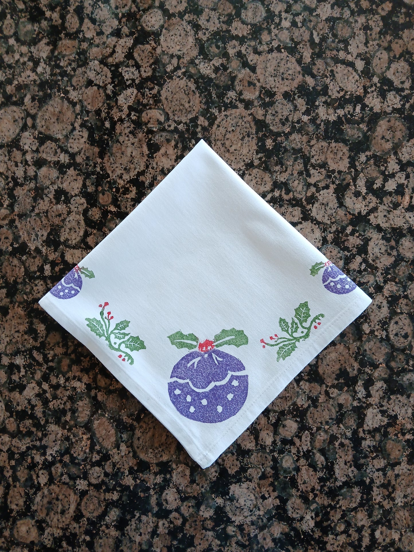 Christmas Pudding & Holly on white cotton napkin