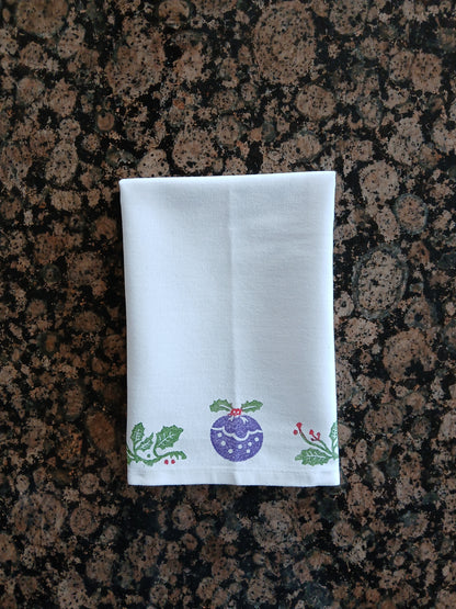 Christmas Pudding & Holly on white cotton napkin
