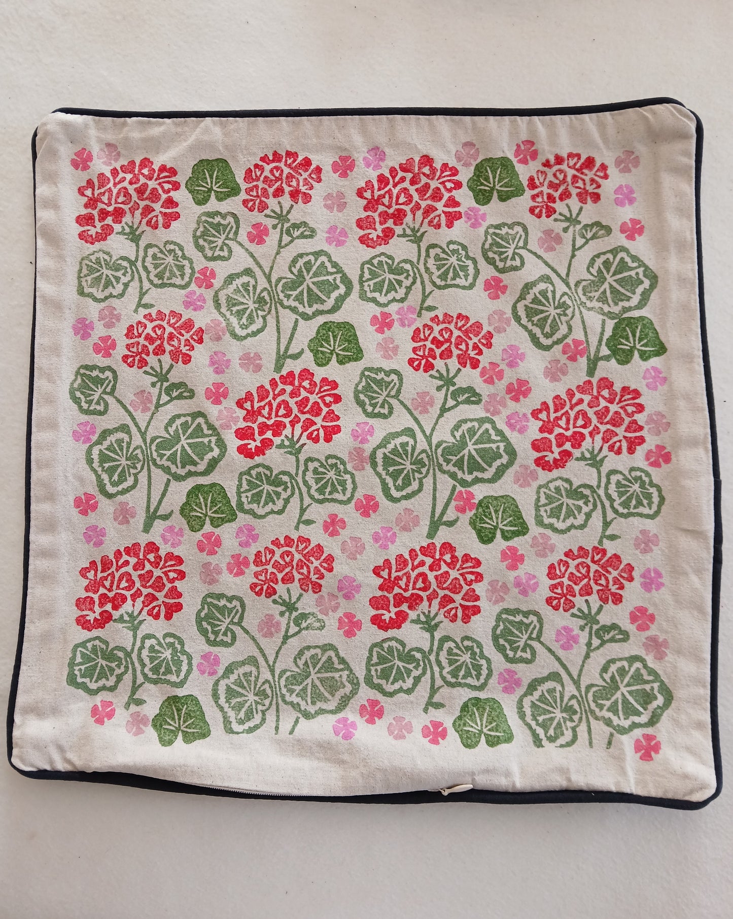 Geraniums Style 2 in red, green & pink cushion cover