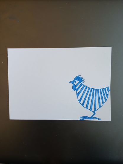 Chicken - Stripy - in Navy on white notelet