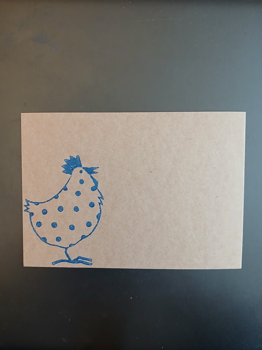 Chicken - Big Spotty - in Navy on brown notelet