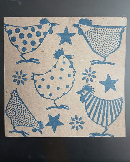 Chickens in Navy on brown card