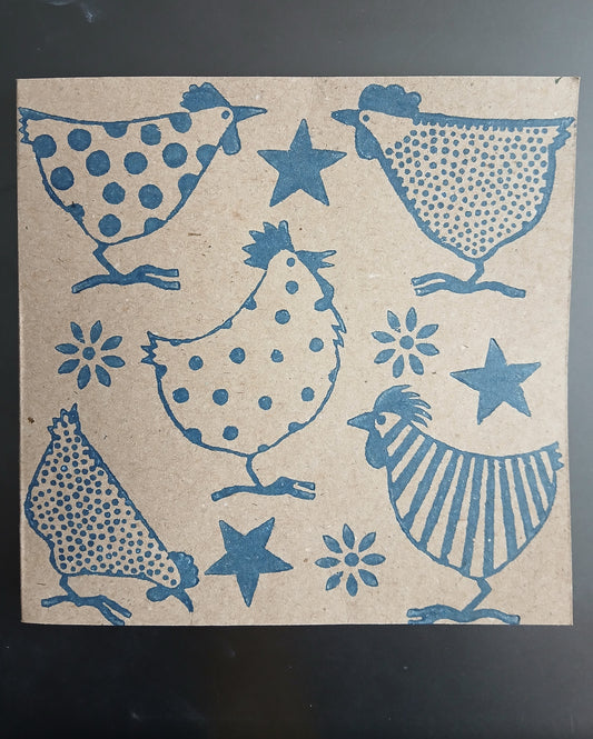 Chickens in Navy on brown card