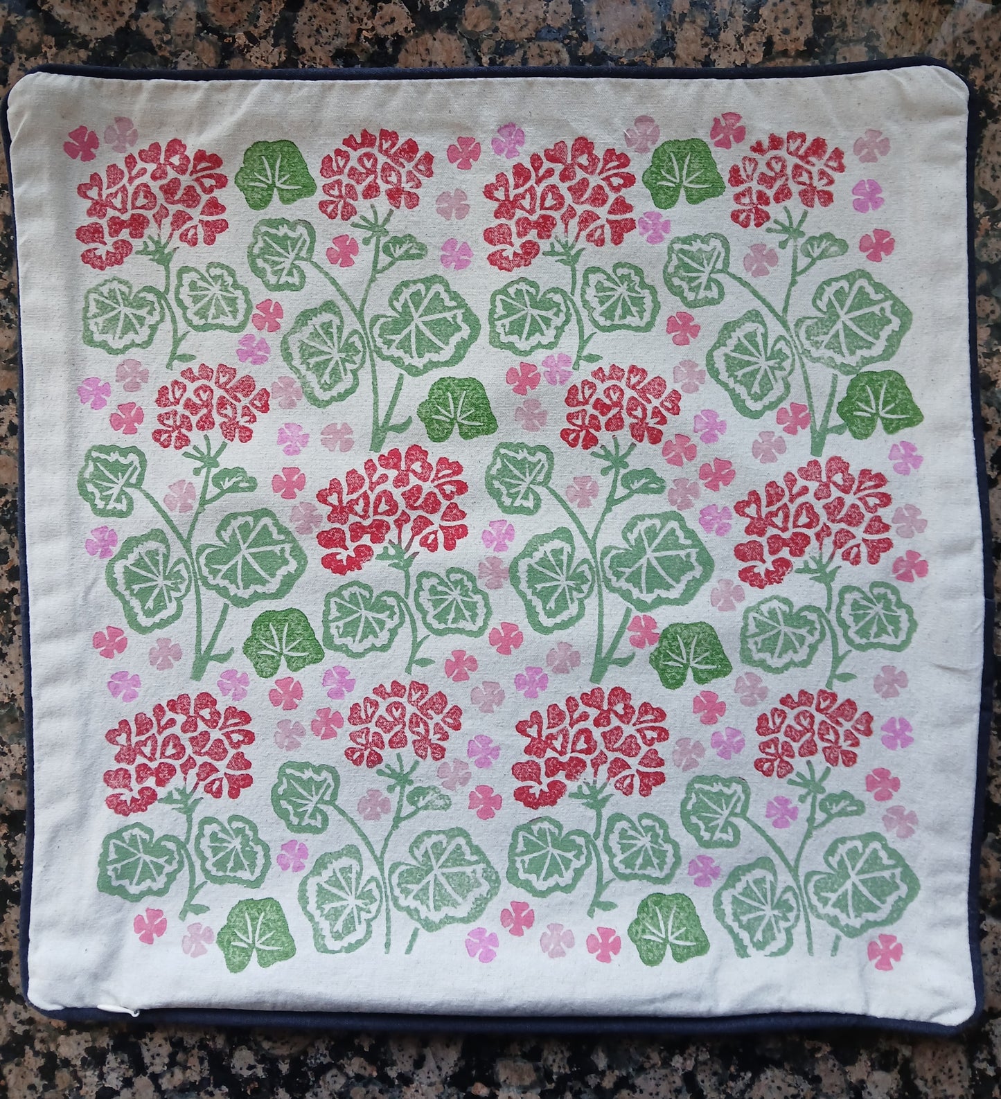 Geraniums Style 2 in red, green & pink cushion cover