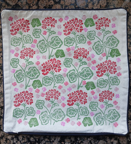 Geraniums Style 2 in red, green & pink cushion cover