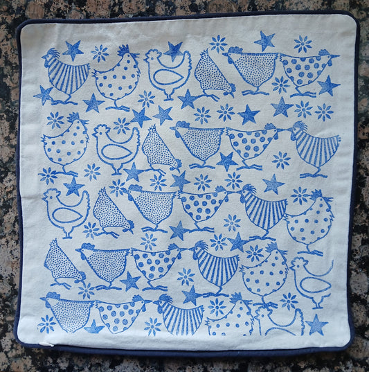 Chickens, Stars & Flowers in Brilliant Blue cushion cover