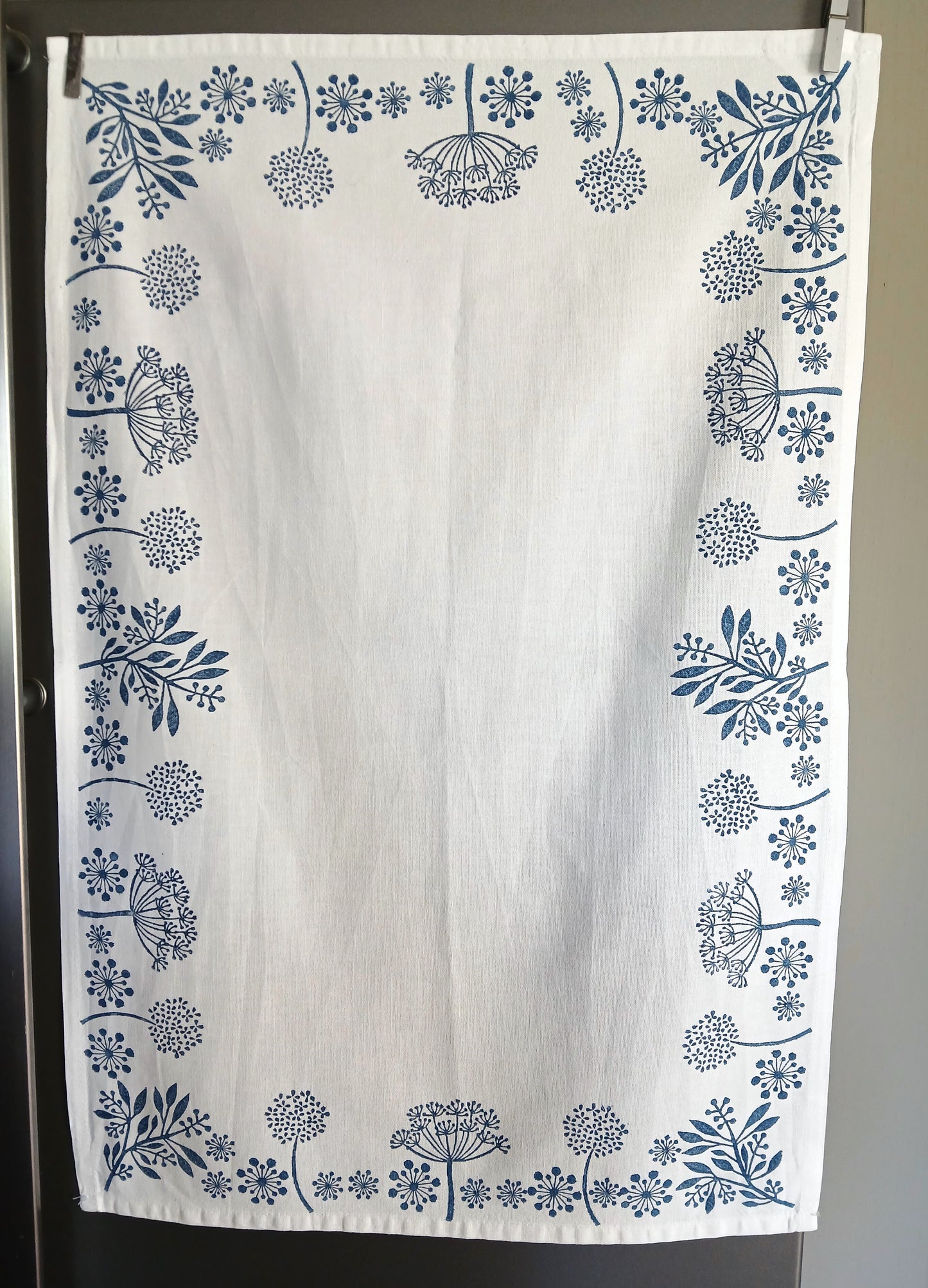 Seeds in Navy on cotton teatowel