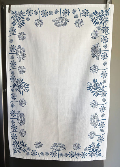 Seeds in Navy on cotton teatowel