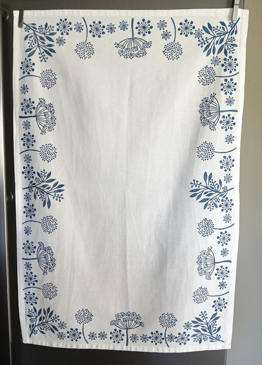 Seeds in Navy on cotton teatowel