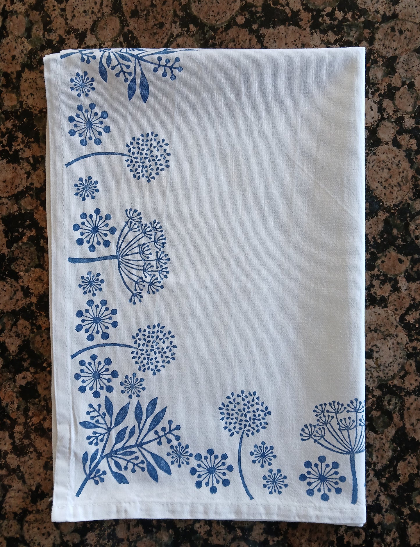 Seeds in Navy on cotton teatowel