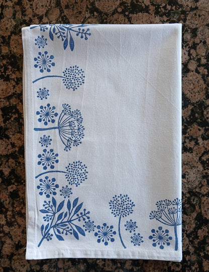 Seeds in Navy on cotton teatowel