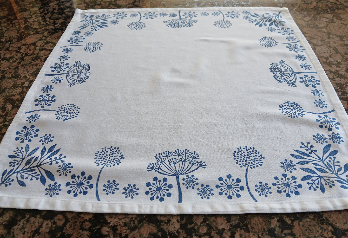 Seeds in Navy on white cotton napkin