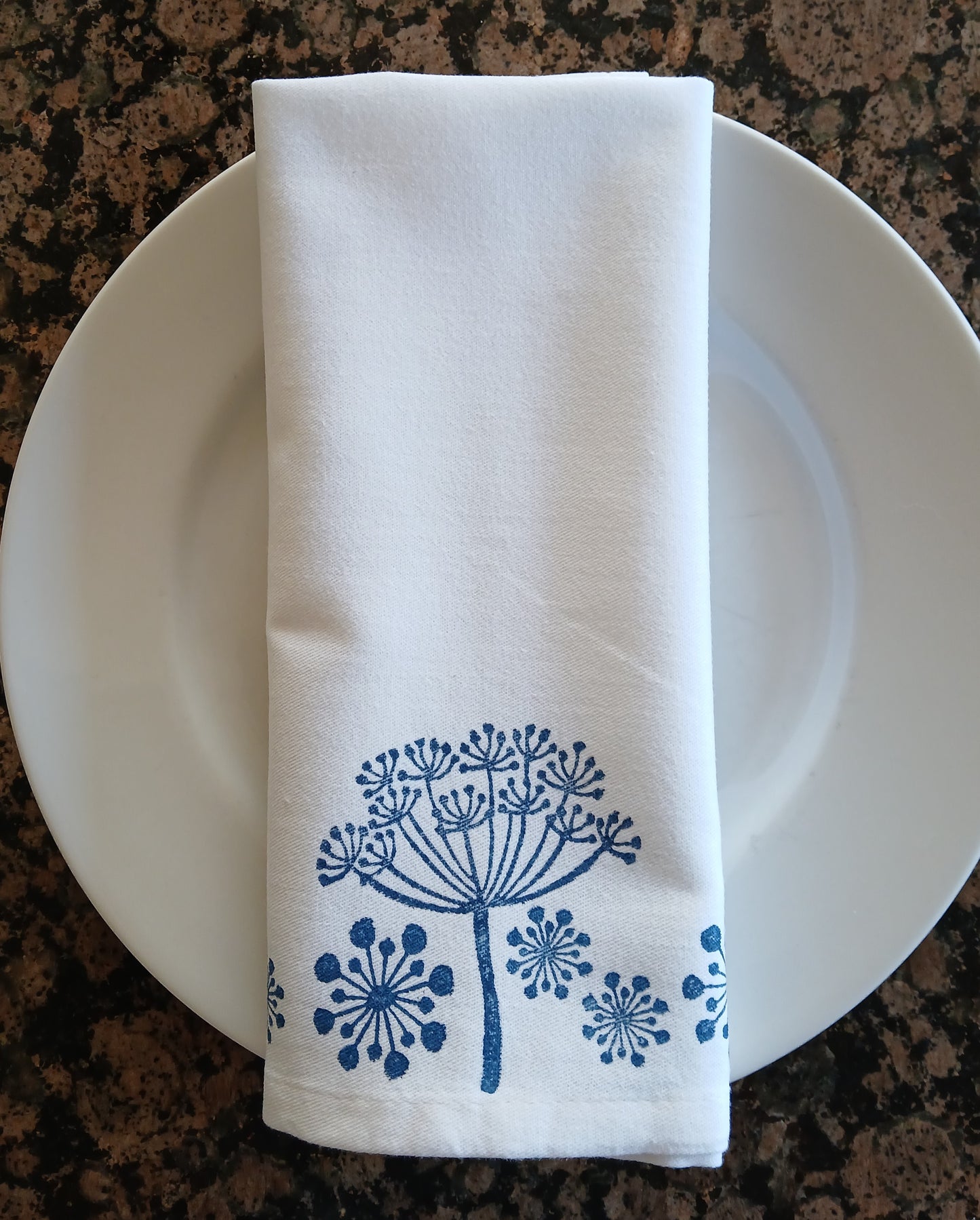 Seeds in Navy on white cotton napkin