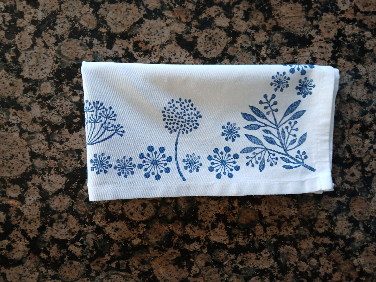 Seeds in Navy on white cotton napkin