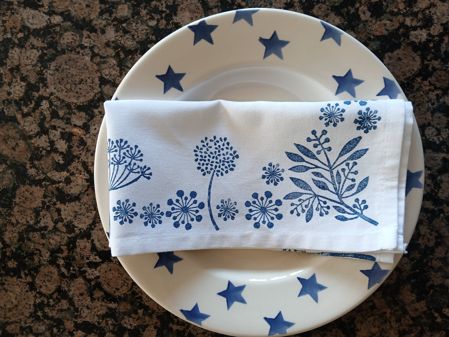 Seeds in Navy on white cotton napkin