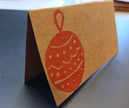 Christmas Bauble in red on rectangle brown place card