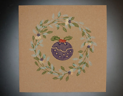Wreath & Christmas Pudding on brown card