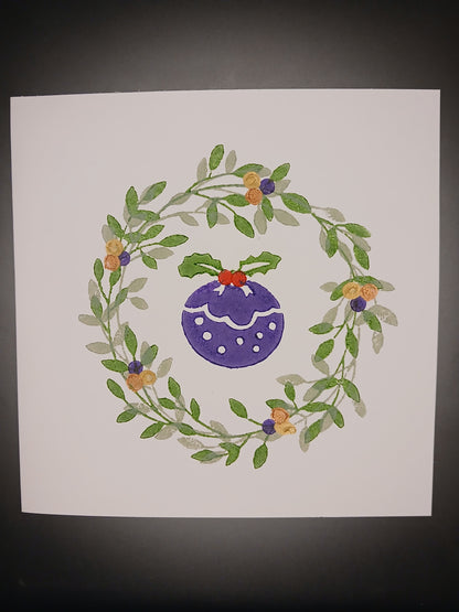 Wreath & Christmas Pudding on white card
