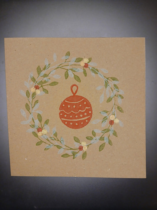 Wreath & Christmas Bauble on brown card