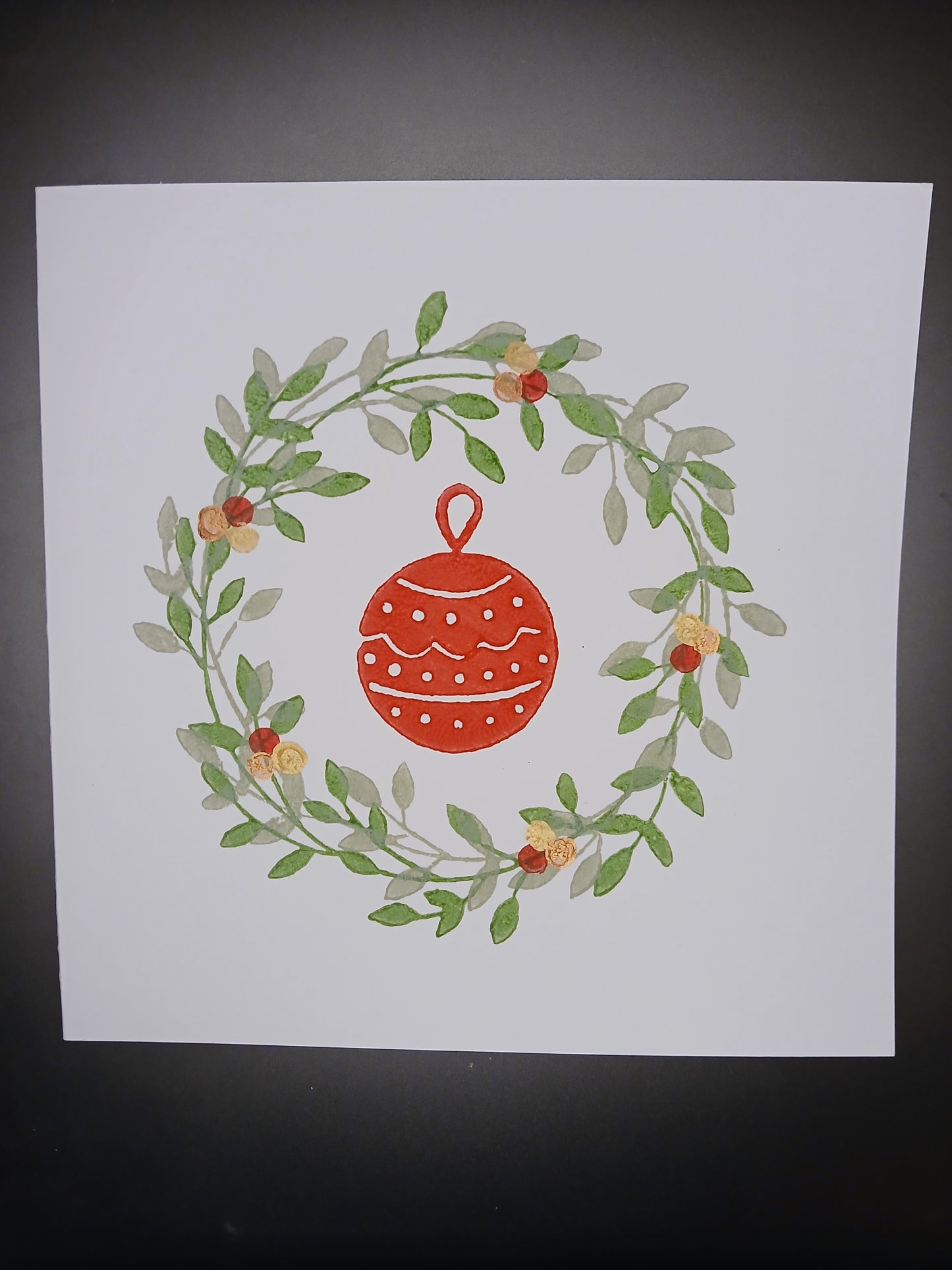 Wreath & Christmas Bauble on white card