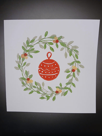 Wreath & Christmas Bauble on white card