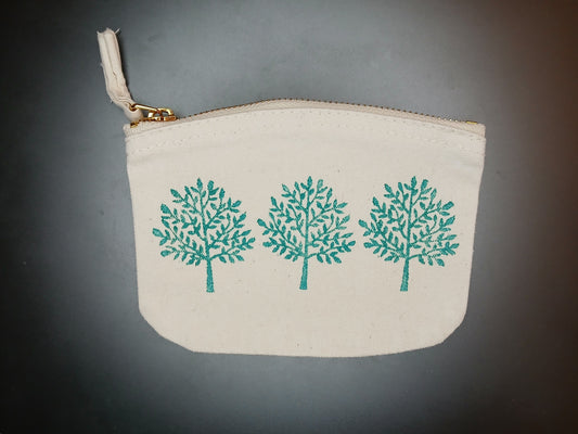Indian Tree in teal on natural cotton purse