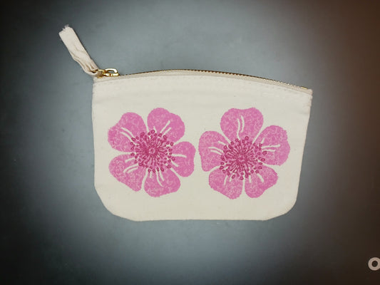 Dog Rose in pink & raspberry on natural cotton purse