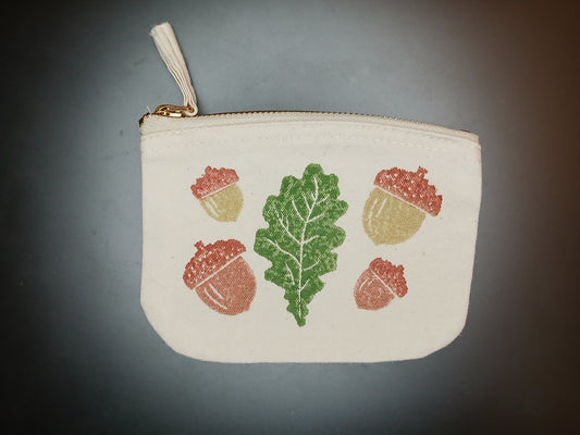 Oak Leaf & Acorns in green, brown, gold & bronze on natural cotton purse