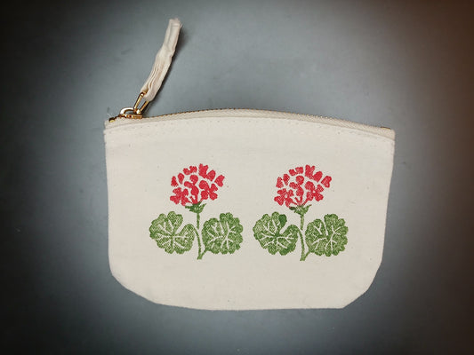 Geraniums in red & green on natural cotton purse