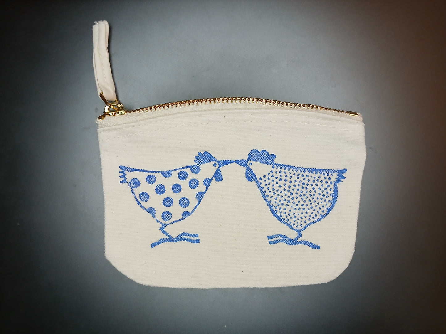 Chickens in blue on natural cotton purse