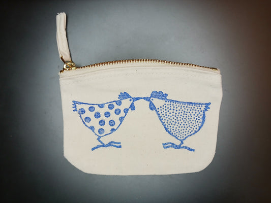 Chickens in blue on natural cotton purse