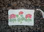 Geraniums in red & green on natural cotton canvas pouch
