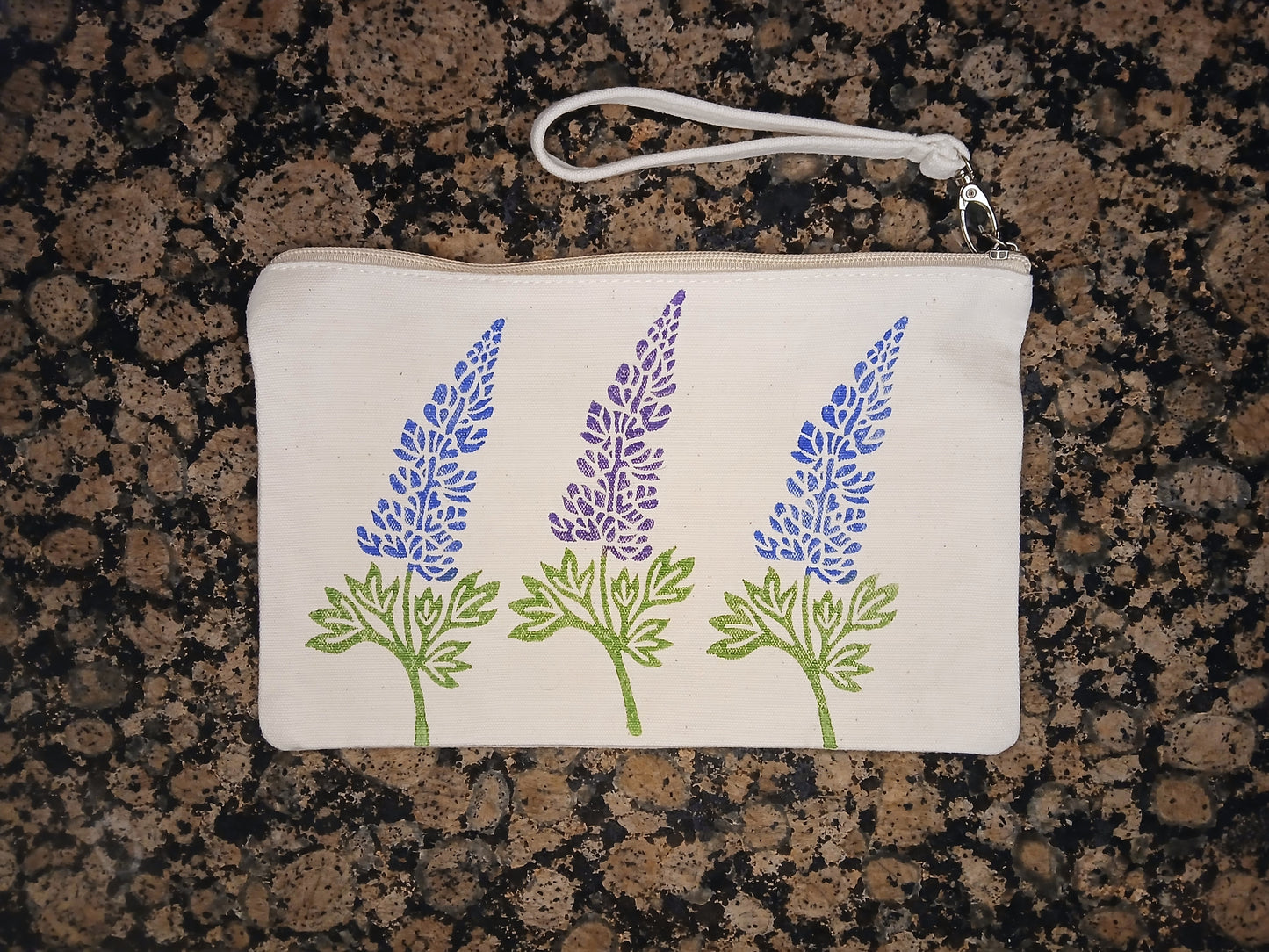 Lupins in purple & blue on natural cotton canvas pouch